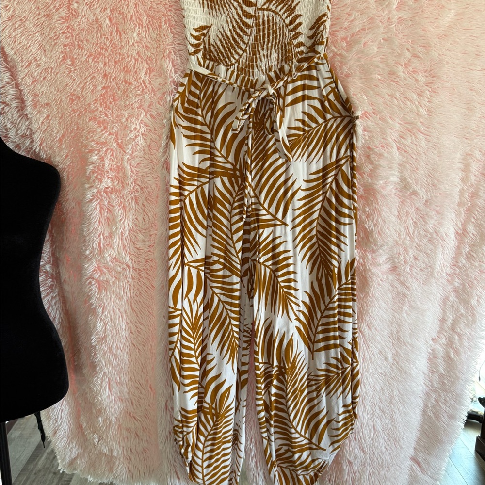 Brown and White Palm Print Jumpsuit